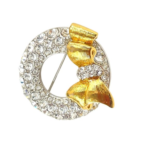 Swarovski Crystal Signed Rhodium Plated Wreath Pin Brooch Gold Bow Dainty - Picture 9 of 9